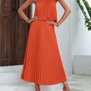 Orange Boho Womens Solid Pleated Halter Top & Skirt